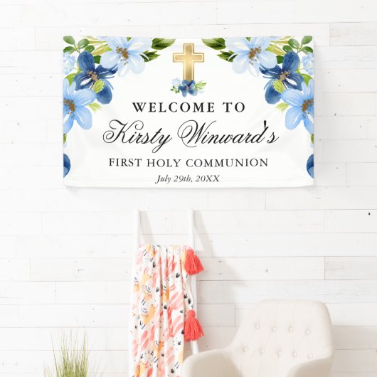 Blauwe en Navy Bloemen Eerste Heilige Communie Spandoek (Insitu)