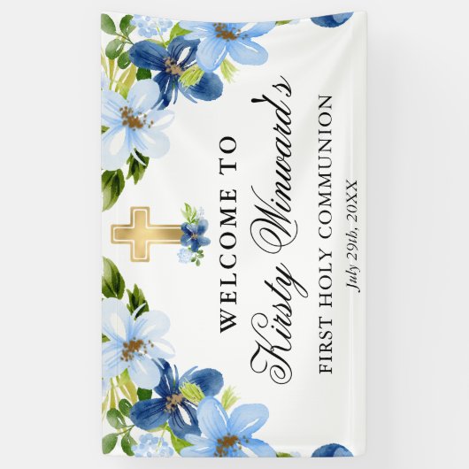 Blauwe en Navy Bloemen Eerste Heilige Communie Spandoek (Verticaal)