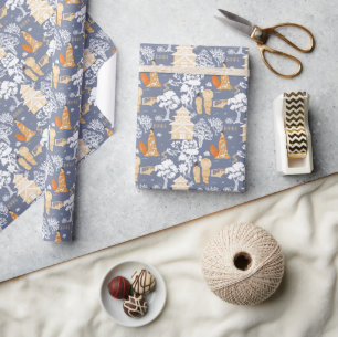 Blauwe en Oranje Chinoiserie Pagodas Cadeaupapier