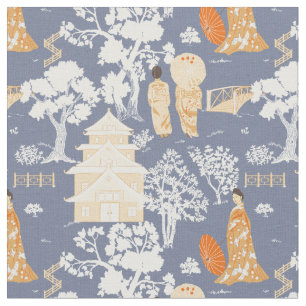 Blauwe en Oranje Chinoiserie Pagodas Stof