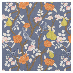 Blauwe en Oranje Chinoiserie Vogels Stof