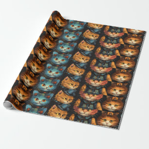 Blauwe en oranje feestkatten met zwarte hoge hoed cadeaupapier