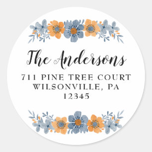 Blauwe en Oranje Flower Round Return-adreslabels Ronde Sticker