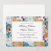 Blauwe en Oranje handbediende bloemen - bruiloft Kaart (Voorkant / Achterkant)