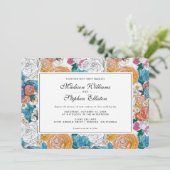 Blauwe en Oranje handbediende bloemen - bruiloft Kaart (Staand voorkant)