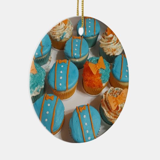 Blauwe en Oranje kerst Keramisch Ornament (Rechts)