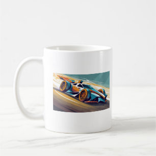 Blauwe en oranje raceauto op de baan koffiemok