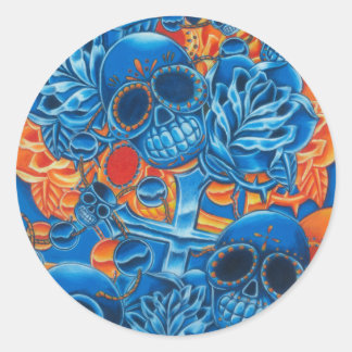 Blauwe en Oranje schedels Ronde Sticker