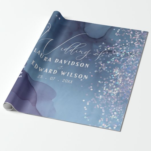 Blauwe en paarse alcoholinkt met glitter mystic cadeaupapier (Uitgerold)