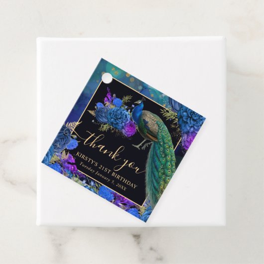 Blauwe en Paarse Bloemen Pauw Verjaardag Bedankjes Labels (In situ)