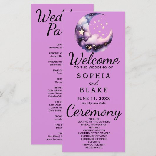 Blauwe en Paarse Halve Maan Trouwprogramma (Voorkant / Achterkant)