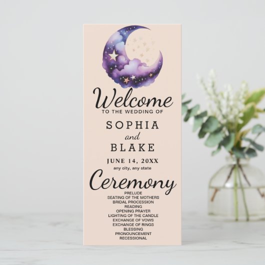 Blauwe en Paarse Halve Maan Trouwprogramma (Staand voorkant)