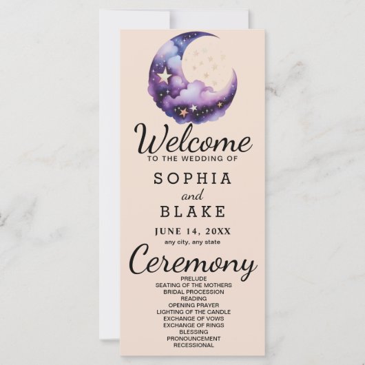 Blauwe en Paarse Halve Maan Trouwprogramma (Voorkant)