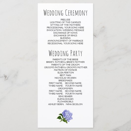 Blauwe en paarse hortensia bloemenhuwelijksprogram programma (Achterkant)