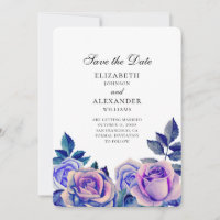 Blauwe en paarse rozen huwelijks save the date