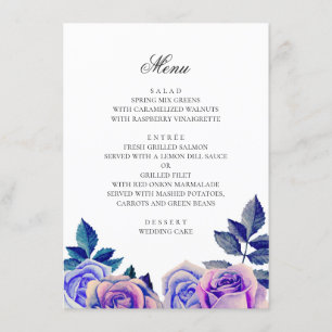 Blauwe en paarse rozen. Waterverf bloemenbruiloft Menu