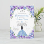 Blauwe en Paarse Rozen & Zilver Tiara Quinceanera Kaart (Staand voorkant)