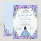 Blauwe en Paarse Rozen & Zilver Tiara Quinceanera Kaart (Voorkant / Achterkant)