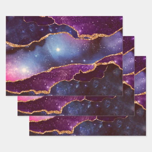 Blauwe en Paarse ruimte en sterren Modern Agate Inpakpapier Vel (Set)