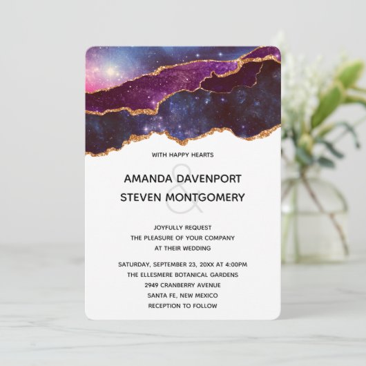 Blauwe en Paarse ruimte & sterren Moderne bruiloft Kaart (Staand voorkant)