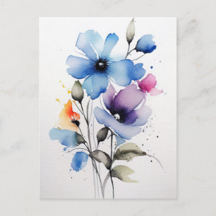 Blauwe en Paarse Waterverf bloemen Briefkaart