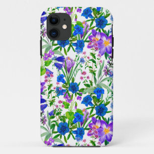 Blauwe en Paarse Waterverf tuinbloemen iPhone 11 Hoesje