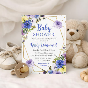 Blauwe en Paarse Zomerbloemen Kader Baby Shower Kaart