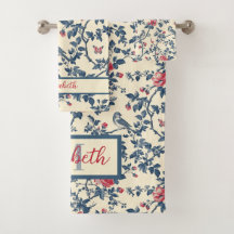 Blauwe en rode bloemen Toile de Jouy en vogels