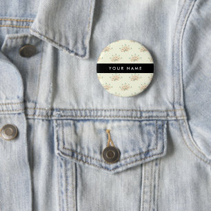 Blauwe en Rode Bloemen, Zwart, Je Naam Ronde Button 5,7 Cm