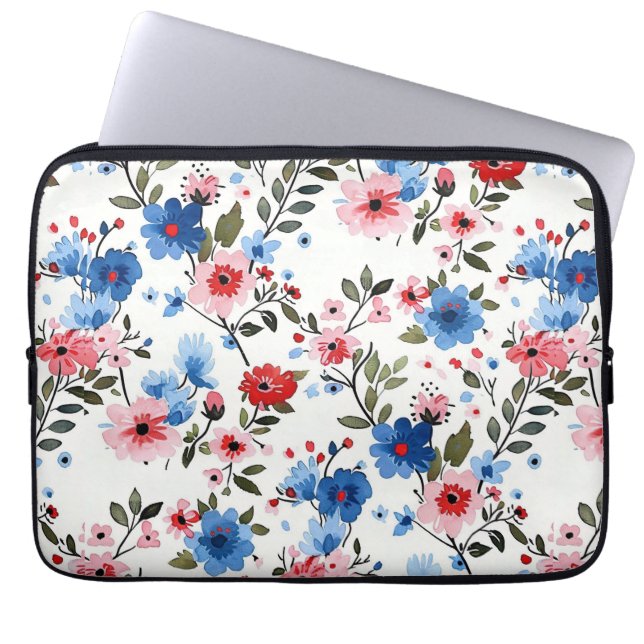 Blauwe en rode Floral Laptop Sleeve (Voorkant)