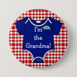 Blauwe en rode Gingham Turtle ik ben de oma! Ronde Button 7,6 Cm