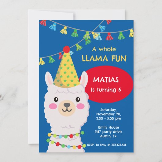 Blauwe en rode lama met party pet Uitnodiging (Voorkant)