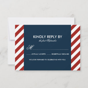 Blauwe en rode Nautical Stripes Wedding RSVP Kaart