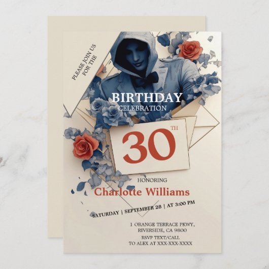 Blauwe en rode roos gotische 30e verjaardag kaart (Voorkant / Achterkant)