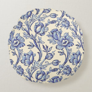 Blauwe en roomtulpen Toile Franse Country Decor Rond Kussen