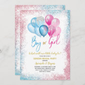 Blauwe en roze ballon Genderonderzoek Uitnodiging (Voorkant / Achterkant)