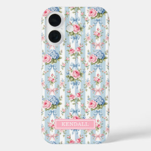 Blauwe en Roze Bloemen en Strikken Gestreept iPhone 16 Hoesje