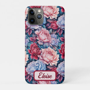 Blauwe en roze bloemen gepersonaliseerd iPhone 11 pro hoesje