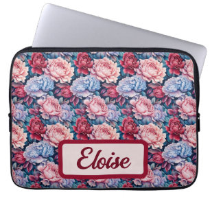 Blauwe en roze bloemen gepersonaliseerd laptop sleeve