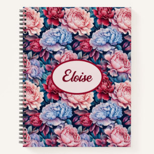 Blauwe en roze bloemen gepersonaliseerd notitieboek