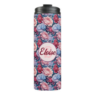 Blauwe en roze bloemen gepersonaliseerd thermosbeker