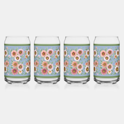 Blauwe en Roze Daisies Bloemen Botanische Kunst Blikvorm Glas (Voorkant)