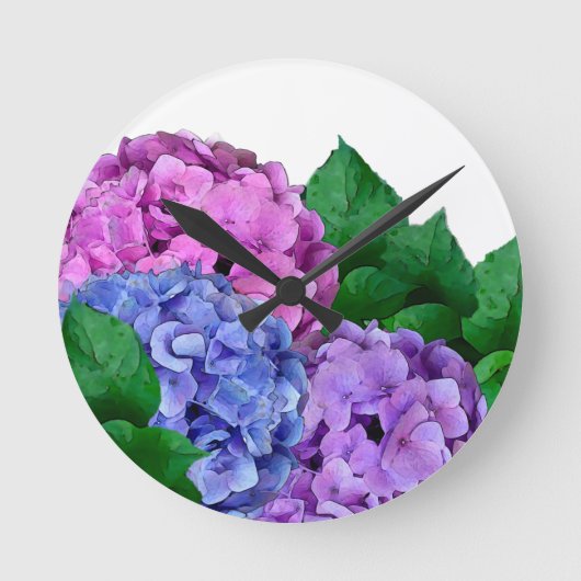 Blauwe en Roze Hydrangea Flowers Ronde Klok (Voorkant)