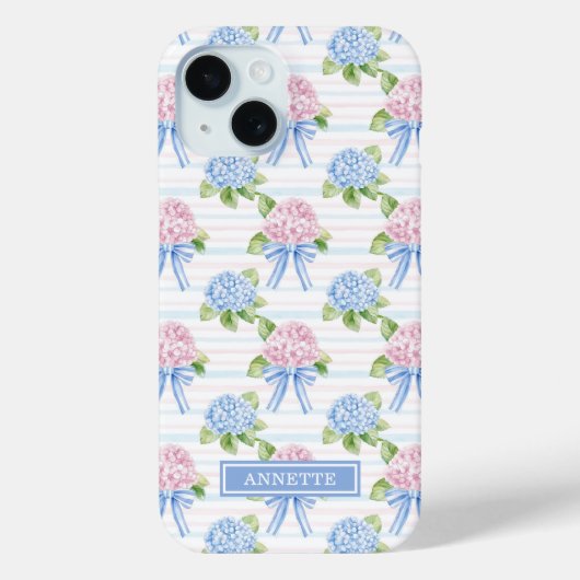 Blauwe en Roze Hydrangea Gestreepte Case-Mate iPhone Case (Achterkant)