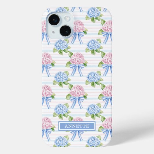 Blauwe en Roze Hydrangea Gestreepte Case-Mate iPhone Case (Achterkant)