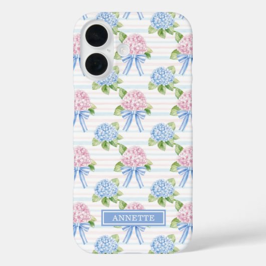 Blauwe en Roze Hydrangea Gestreepte Case-Mate iPhone Case (Achterkant)