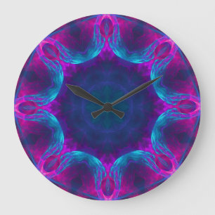 Blauwe en roze neon Dark Kaleidoscope No Numbers Grote Klok