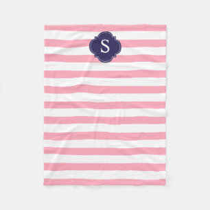 Blauwe en roze strepen monogram fleece deken