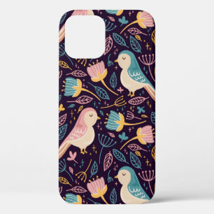 Blauwe en roze vogels met bloemen en bladeren op d iPhone 12 hoesje