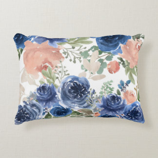 Blauwe en roze Waterverf Floral Accent Pil Kussen